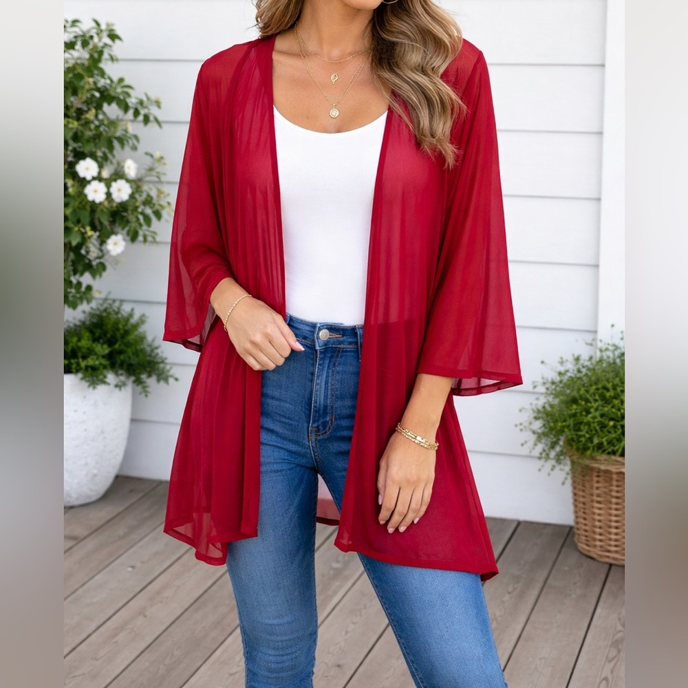 LulaRoe Lindsay Sheer Bell Sleeve Red Kimono Wrap Size Large